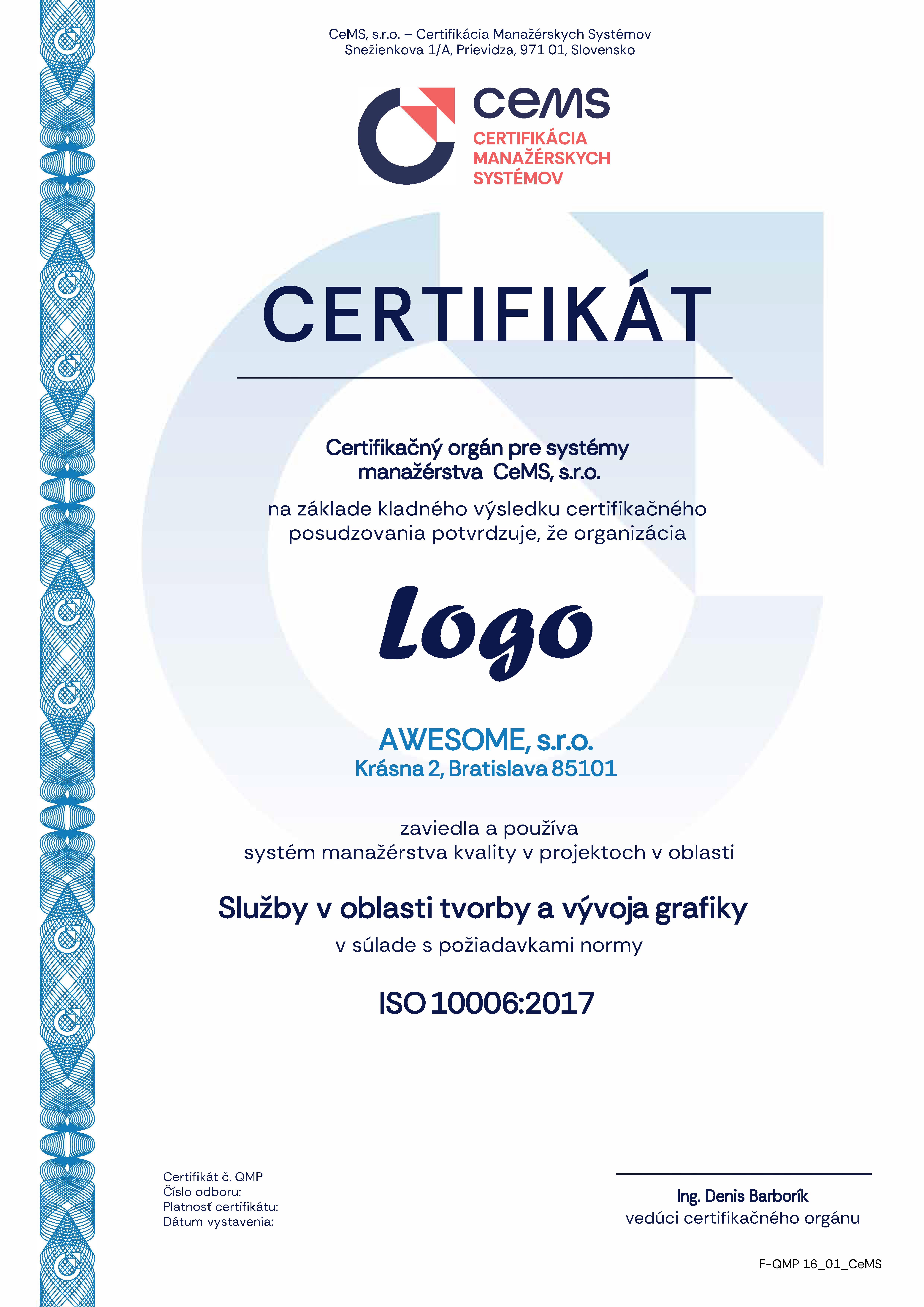 vzor certifikátu ISO 10006 od CeMS
